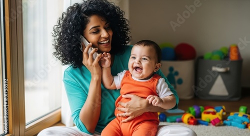 Happy indian mother working from home, balancing career and family life, talking on phone while holding her adorable baby with love and care