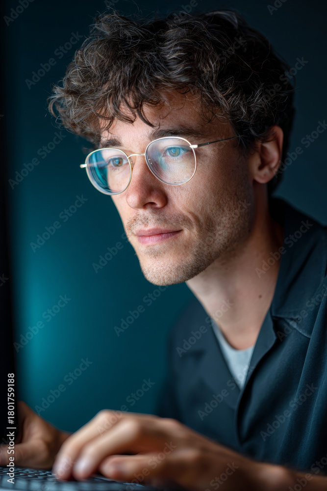 Obraz premium Close-up of man in glasses working on laptop, with soft focus on his face and keyboard, using cool tones to convey concentration