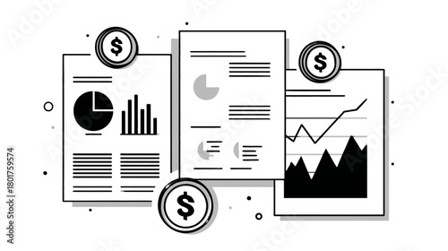 Financial Data Analysis Documents with Charts and Coins. Business Reports, Accounting, Investment, and Economic Strategy.