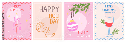 Pastel Christmas holiday cards set in crayon drawing style. Vector vintage Christmas and New Year posters and invitations.