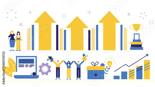 Diverse business team celebrating success with colorful abstract data visualizations and charts representing growth and achievements in a dynamic office environment