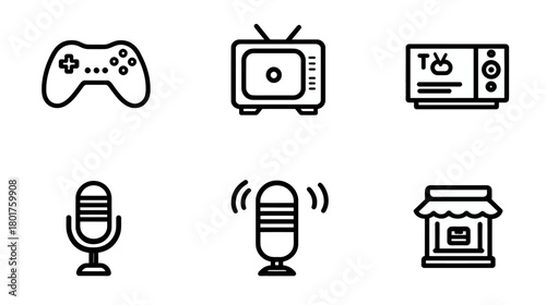 Technology, media, and lifestyle line icons set: game controller, retro television, kitchen appliance, microphones, and shop storefront.