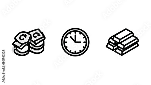 Business, Finance & Investment Icons Set: Money, Time, and Gold Bars. Concepts of Wealth, Value, Assets, and Time Management.