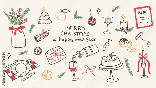 Christmas and New Year dinner doodle set. Festive hand-drawn holiday table elements.