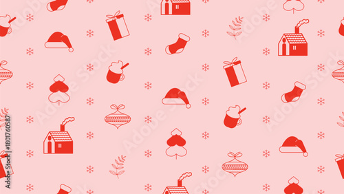 A seamless pattern of holiday icons like gifts, hats, mugs, houses, and ornaments on a soft pink background, creating a cheerful seasonal look ideal for Christmas-themed prints or decor.
