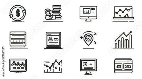 Modern Business, Finance & Data Analytics Line Icons Set. Marketing, Technology & Economic Growth Symbols.