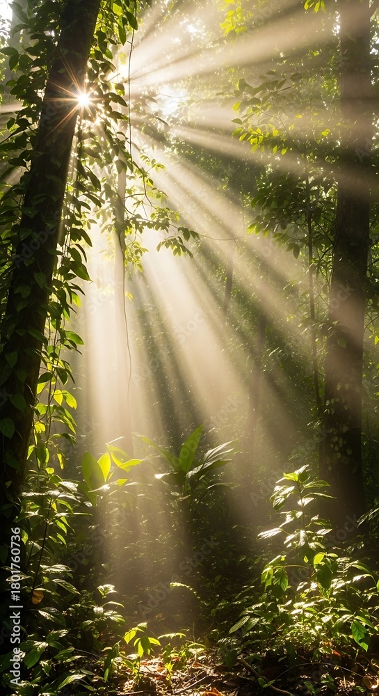 Obraz premium Sunlight filtering through lush green forest trees creating beautiful light rays.