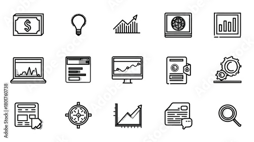 Business and Finance Analytics Line Icons Set. Collection of SEO, Marketing, Data Analysis, and Technology Outline Symbols.