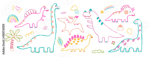 Bright outline dinosaur set in a playful doodle style. Cute dinosaurs with volcano trees stars and rainbow on a dark background. Fun prehistoric creatures ideal for childrens art and design projects.