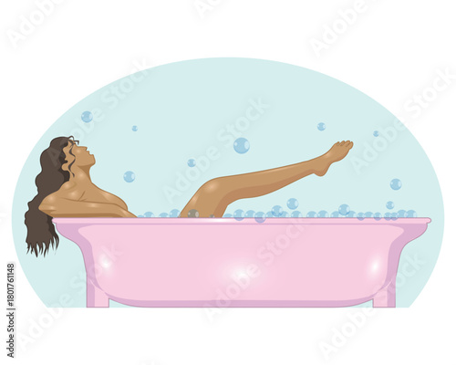 Vector illustration design of a woman who appears to be taking a bath in a place called a jacuzzi with foam bubbles scattered around her.