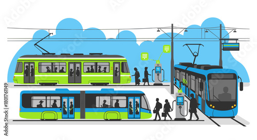 Electric trams with passengers and charging stations illustration