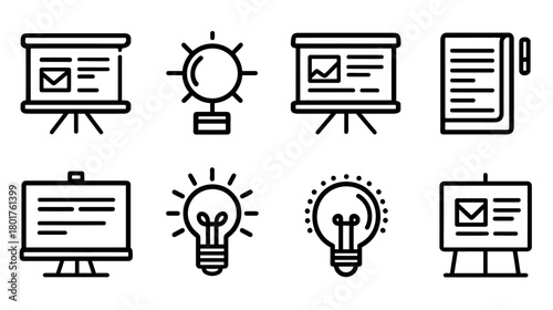 Collection of business presentation, education, and idea lightbulb line icons for meetings, strategy, and creative concepts.