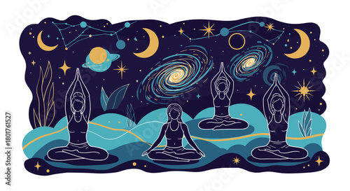 Meditating figures under a celestial night sky with galaxies
