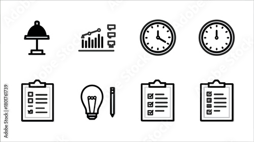 Modern Business and Productivity Line Icons Set. Includes Time, Growth Charts, Checklists, Ideas, and Premium Service Symbols.