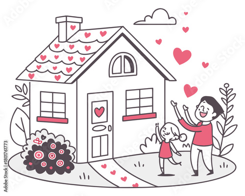 A house with hearts with family outside