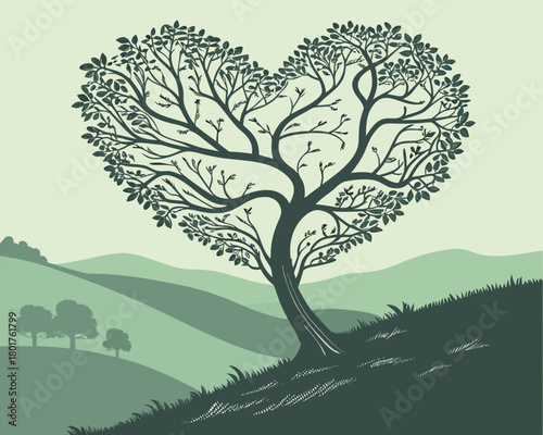 A heart shaped tree stands on a hill overlooking a serene landscape