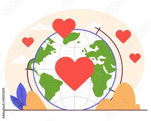 Globe surrounded by hearts representing love and care for the planet