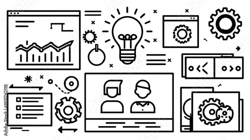 Digital transformation concept with team collaboration, web development, data analysis, innovation, and business process line art.