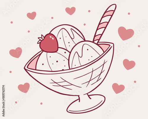 Ice cream sundae with strawberry and hearts
