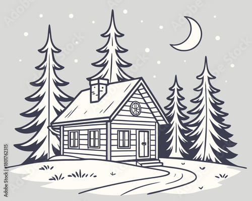 Line art of a cabin in a snowy forest under the moonlit sky