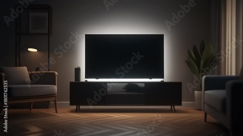 Cozy Modern Living Room with Backlit TV at Night