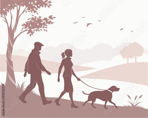 Silhouette of couple walking a dog in a park