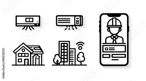 Smart Home Automation and HVAC Control Icons with Mobile App for Modern Residential and Commercial Building Management