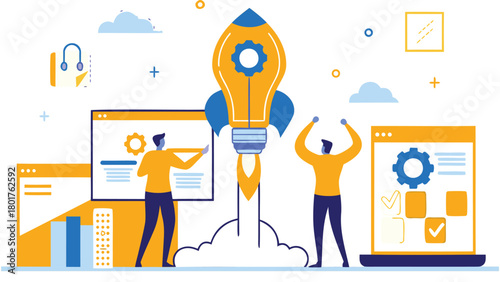 Flat design illustration of diverse entrepreneurs collaborating to lift a glowing lightbulb symbolizing innovation teamwork and bright ideas