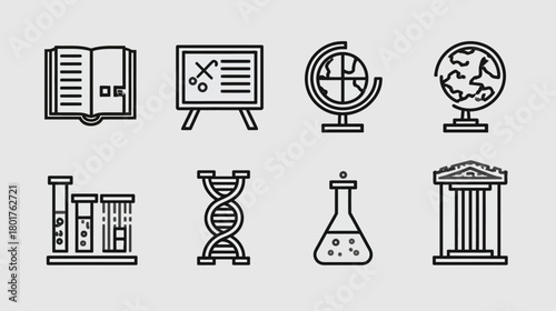 Vector line icons set for education, science, and academic subjects, including books, globes, chemistry, and history symbols.