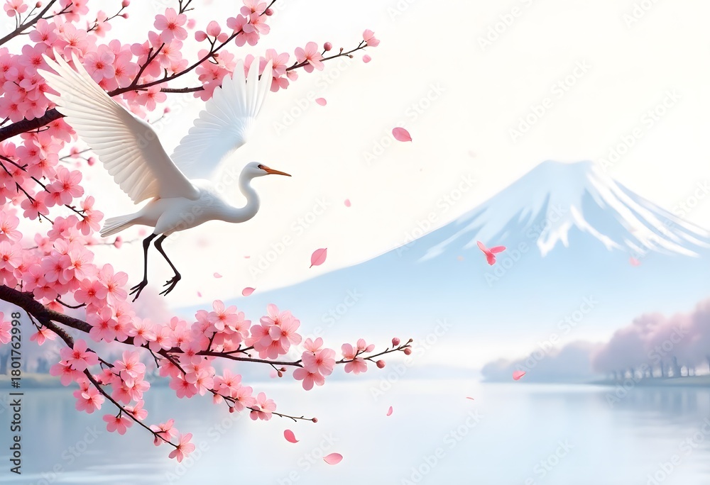 Naklejka premium Peaceful nature landscape with flying crane high resolution picture