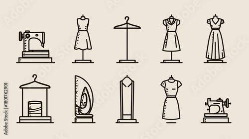 Fashion and Sewing Outline Icons Set. Vector illustrations featuring dress forms, sewing machines, clothing racks, and an iron for design.
