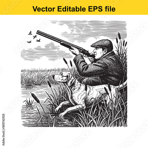 Hunter with dog and shotgun aims at birds flying over a marshy lake in a vintage illustration style