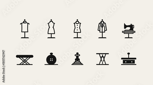 Outline vector icons set of fashion design, tailoring, sewing, and dressmaking equipment. Modern symbols for textile crafts and studios.