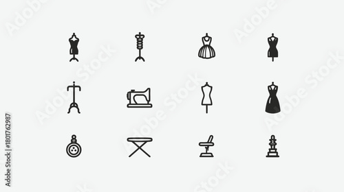 Elegant collection of fashion design, tailoring, and sewing outline icons. Vector set for clothing production and garment making.