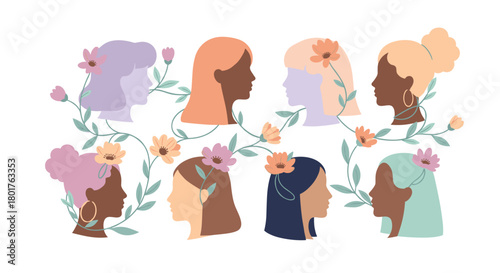 Diverse women profiles adorned with flowers and leafy branches