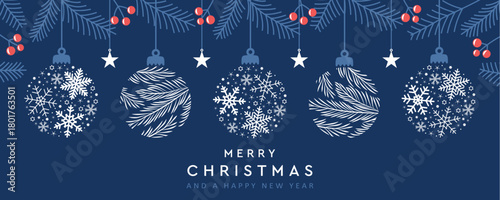 merry christmas card with hanging ball decoration vector illustration