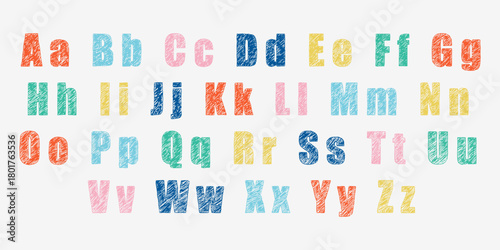 Funky crayon english alphabet drawn with rough charcoal and pencil strokes. Playful kids font for cute educational layouts. Handwritten wax crayon letters for nursery art.