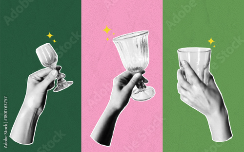 Modern collage template with champagne and cocktails. Human hands in halftone retro texture. Party celebration layout for social media stories and event posters.