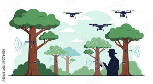 Drones flying over trees with a man holding a tablet device