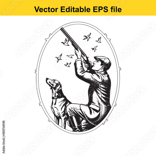 Hunter aiming shotgun at birds with dog in oval frame, isolated on