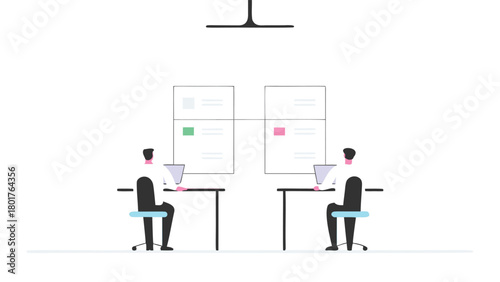 Flat vector illustration of diverse engineers collaborating and managing a bright layered project with blueprints and technology symbolizing teamwork and innovation in a modern workplace