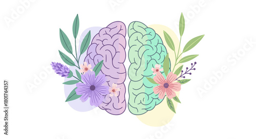 Illustration of two brain halves adorned with flowers and leaves