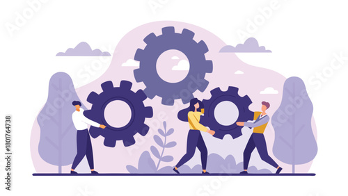 Diverse team of people collaborating and carrying gears to build and assemble a complex project symbolizing teamwork innovation and problem solving in a modern flat design style