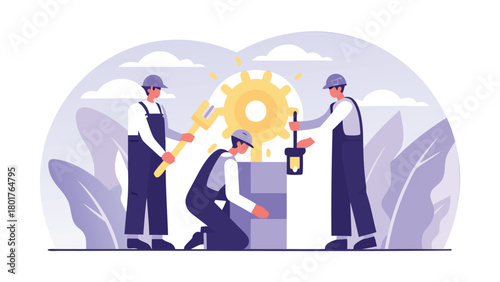 Team of diverse workers collaborating to build and assemble a bright glowing energy source with teamwork and innovation in a modern industrial setting