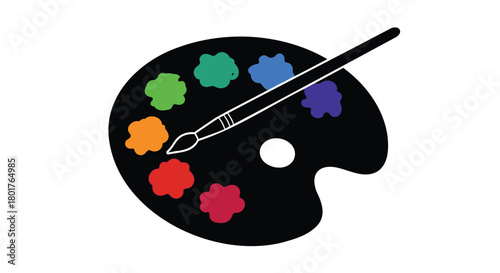Artist s black palette with colorful paint blobs and a brush ready for creative expression
