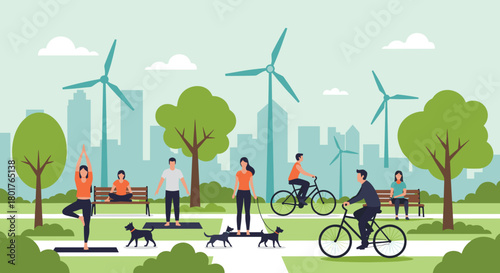 People enjoying outdoor activities in a sustainable city park