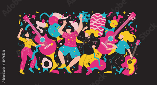 People dancing with guitars and confetti on a dark background