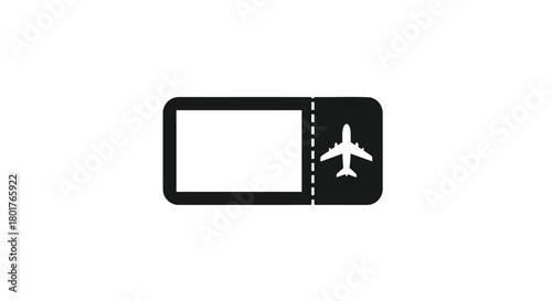 Simple black silhouette of an airplane ticket with a blank space for text and a perforated edge