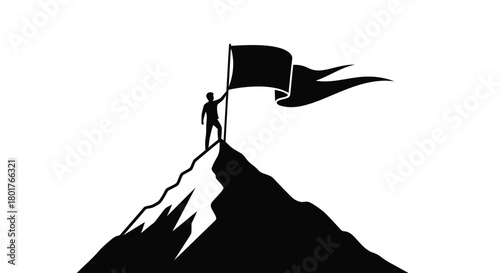 Silhouette of a person planting a flag on a mountain peak symbolizing achievement and success