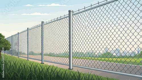 A chain link fence against a cityscape background
